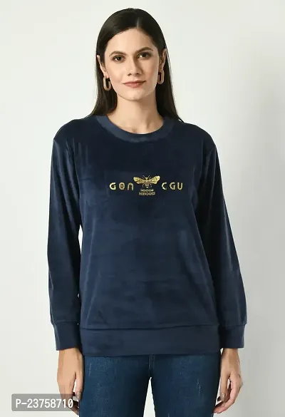Girls Full Sleeve Printed Navy Blue Round Neck Sweatshirt