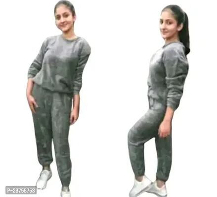 Girls Full Sleeve Printed Dark Grey  Round Neck Sweatshirt With Trouser