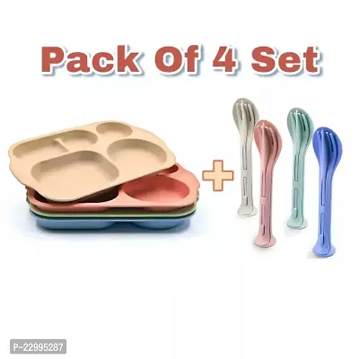 5 Compartment Plates With Cutlery Set (Pack Of 4)