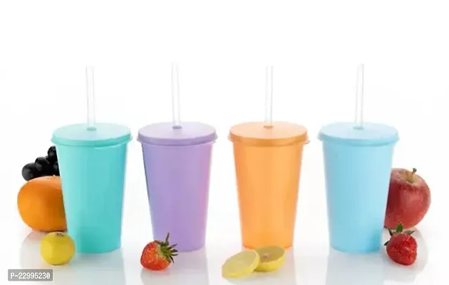 Plastic Glass Lid With Straw Multicolored (Pack Of 4) Plastic Glasses Tumbler Mug Sipper Glass-thumb0