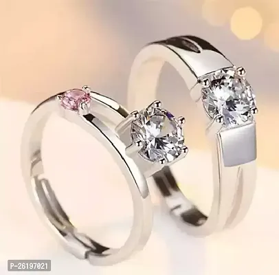 Adjustable Couple Ring For Lovers In Silver Stylish King Queen Design Metal Cubic Zirconia Platinum Plated Ring Set - Pack Of 2