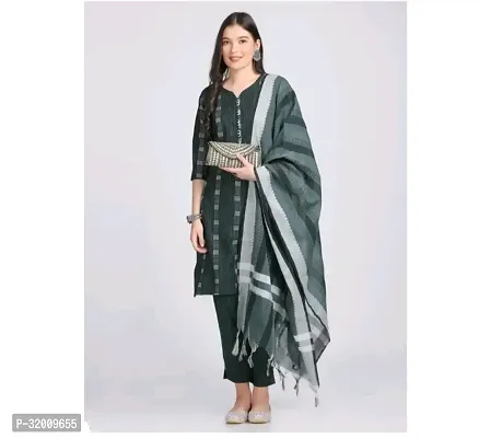 Elegant Khadi Cotton Printed Kurta with Pant And Dupatta Set For Women-thumb0