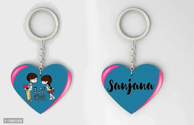 Sanjana  Name Beautiful Heart Shape Arclic Wood Keychain Best Gifts for Your Special/Grils Friend/Boy Friend/Husband/Wife/Boss(Pack Of 2)