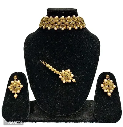 ZaffreCollections Golden Crystal and Pearl Choker with Earrings and Maang Tikka for Women and Girls