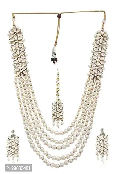 Women's/Girl's Beautiful Gold Crystal And Pearl Necklace Set With Maang  Tikka - Zaffre Collections