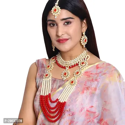 ZaffreCollections Beautiful Red Crystal and Pearl Necklace Choker Combo Set with Maang Tikka for Women and Girls-thumb4