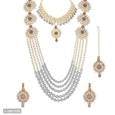 ZaffreCollections Beautiful Grey Crystal and Pearl Necklace Choker Combo Set with Maang Tikka for Women and Girls