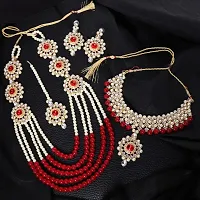 ZaffreCollections Beautiful Red Crystal and Pearl Necklace Choker Combo Set with Maang Tikka for Women and Girls-thumb4