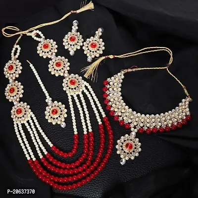 ZaffreCollections Beautiful Red Crystal and Pearl Necklace Choker Combo Set with Maang Tikka for Women and Girls-thumb5