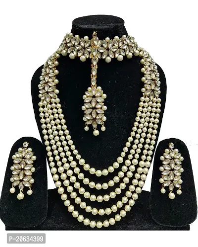 ZaffreCollections Trending White Crystal and Pearl Necklace Choker Combo set with Maang Tikka for Women and Girls-thumb2