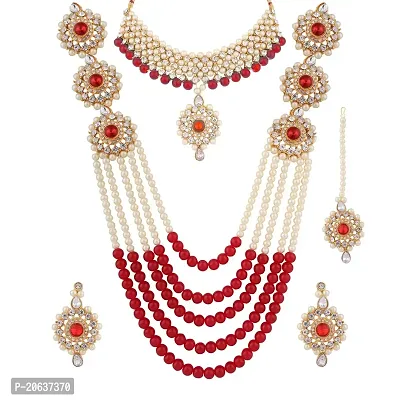 ZaffreCollections Beautiful Red Crystal and Pearl Necklace Choker Combo Set with Maang Tikka for Women and Girls-thumb0
