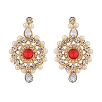 ZaffreCollections Beautiful Red Crystal and Pearl Necklace Choker Combo Set with Maang Tikka for Women and Girls-thumb1