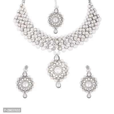 ZaffreCollections Twinkle Elegant Silver Jewellery Set with Maang Tikka for Women and Girls (ZCCH0278)-thumb0