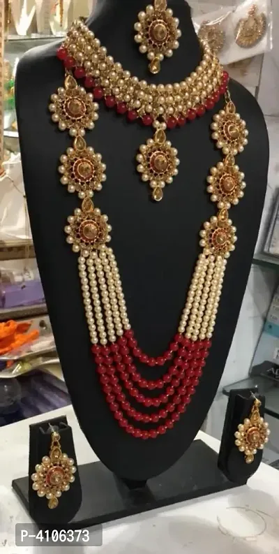 Trending Red Crystal and Pearl Necklace Choker Combo Set with Mangtika for Women