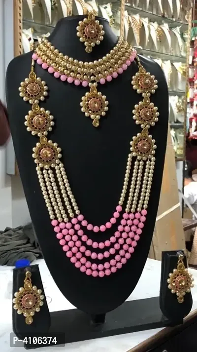 Trending Pink Crystal and Pearl Necklace Choker Combo Set with Mangtika for Women