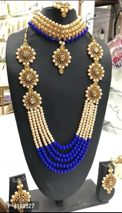 Trending Navy Blue Crystal and Pearl Necklace Choker Combo Set with Mangtika for Women