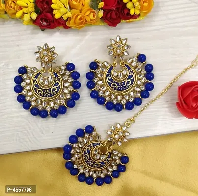 Latest Round Blue Maang Tikka with Earring Set for Women-thumb0