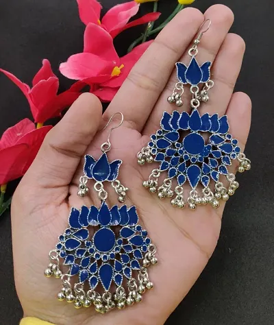 Fashionable Meena Lotus Shaped Silver Plated Earrings