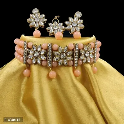 Kundan Flower and Peach Pearl Choker Maang Tikka Set for Women and Girls