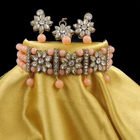 Kundan Flower and Pearl Choker Maang Tikka Set for Women and Girls