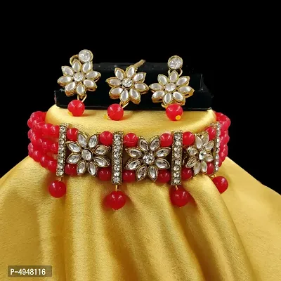 Kundan Flower and Maroon Pearl Choker Maang Tikka Set for Women and Girls