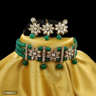 ZaffreCollections Kundan Flower and Dark Green Pearl Choker Maang Tikka Set for Women and Girls