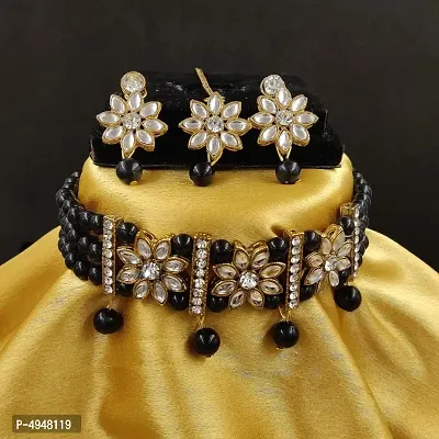 Kundan Flower and Black Pearl Choker Maang Tikka Set for Women and Girls-thumb0