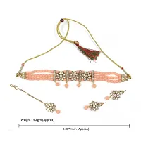 Kundan Flower and Peach Pearl Choker Maang Tikka Set for Women and Girls-thumb1