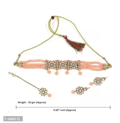 Kundan Flower and Peach Pearl Choker Maang Tikka Set for Women and Girls-thumb2