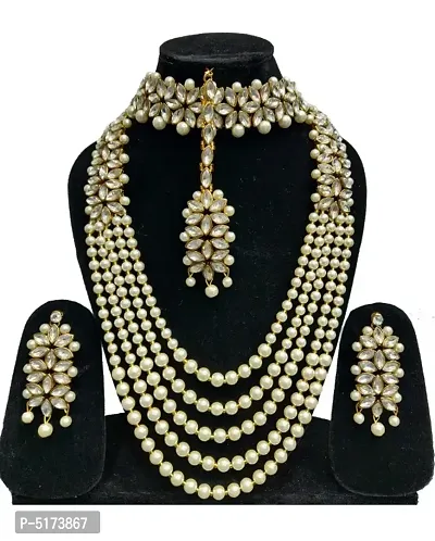 Trending White Crystal and Pearl Necklace Choker Combo set with Maang Tikka for Women and Girls