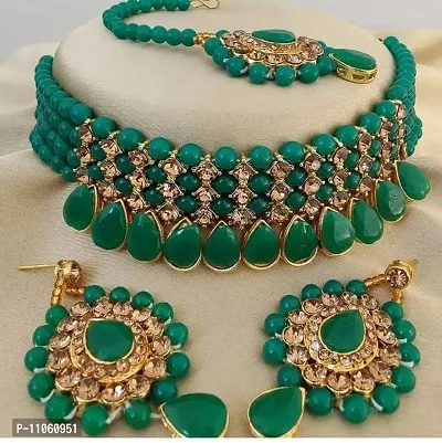 Trendy Party Wear Green Choker set with Maang Tikka for Women-thumb0