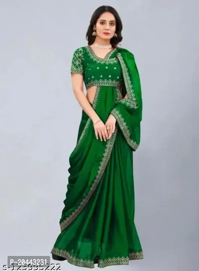 Beautiful Green Vichitra Silk Self Pattern Women Saree with Blouse piece-thumb2