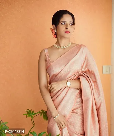 Beautiful Peach Kanjeevaram Silk Self Pattern Women Saree with Blouse piece