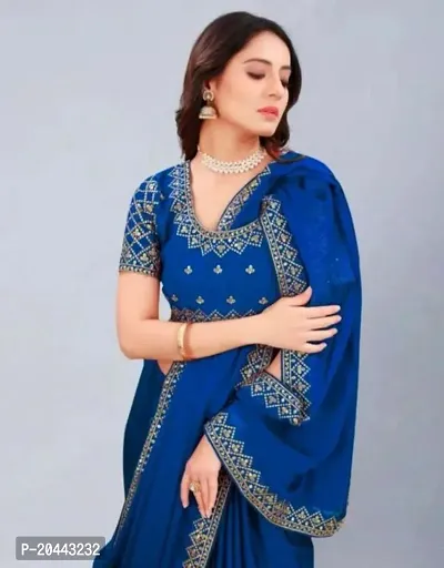 Beautiful Navy Blue Vichitra Silk Self Pattern Women Saree with Blouse piece