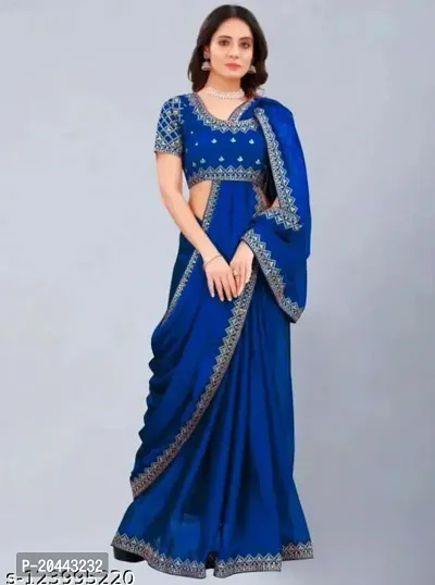 Beautiful Navy Blue Vichitra Silk Self Pattern Women Saree with Blouse piece-thumb2