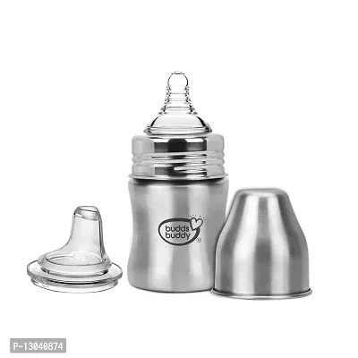 Buddsbuddy Magnum Stainless Steel 2 in 1 Wide Neck Baby Feeding Bottle with Extra Spout Sipper (250ml)
