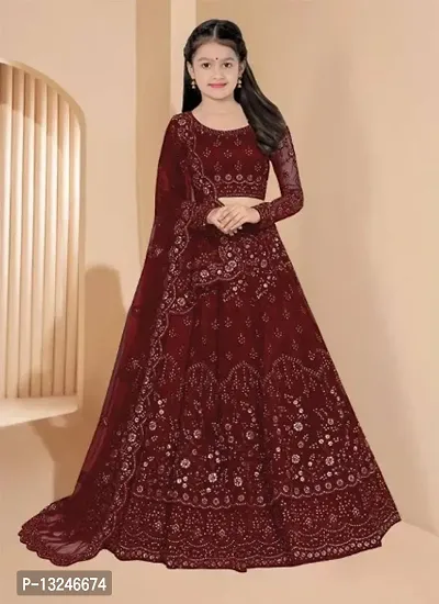Alluring Maroon Net Embroidered Lehenga with Choli And Dupatta Set For Women-thumb0
