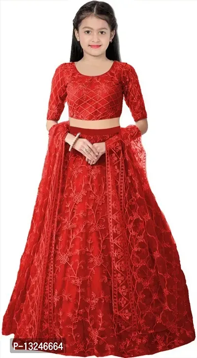Alluring Red Net Embroidered Lehenga with Choli And Dupatta Set For Women
