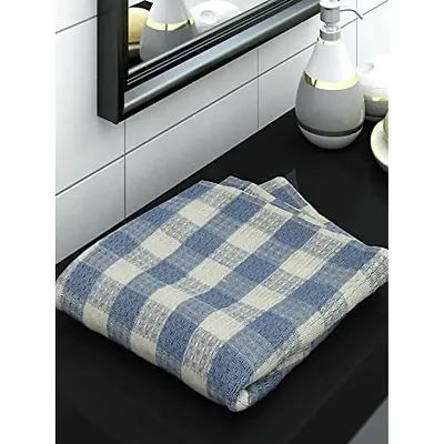 Athom Living Premium Cotton Light Weight Quick-Dry High Absorbent Cotton Bath Towel Blue Checks, 75x150 cm (Pack of 1)