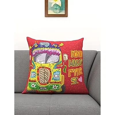 Athom Living Funky Indian Truck Printed Filled Cushion Red 40x40 cm (Pack of 1)