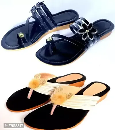 Elegant Synthetic Leather Self Design Sandals For Women And Girls- Pack Of 2