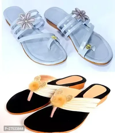 Elegant Synthetic Leather Self Design Sandals For Women And Girls- Pack Of 2