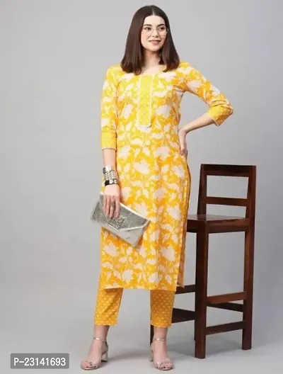 Stylish Straight Yellow Cotton Blend Kurta Bottom Set For Women