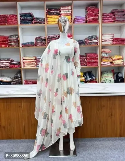 Indo-western White Printed Georgette Gown With Dupatta-thumb0