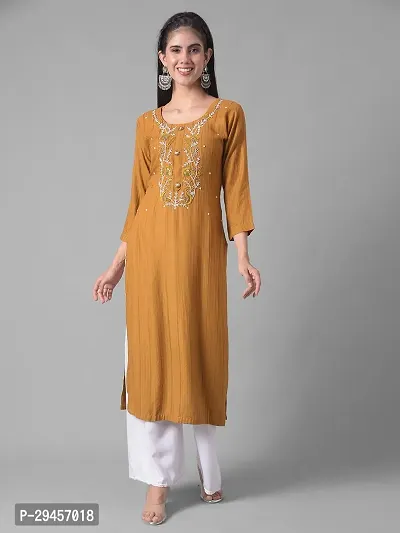 Stylish Mustard Cotton Blend Self Pattern Stitched Kurta For Women-thumb0