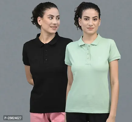 Elegant Cotton Solid Polo Neck T-Shirts For Women- Pack Of 2