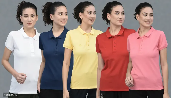 Elegant Cotton Solid Polo Neck T-Shirts For Women-Pack Of 5