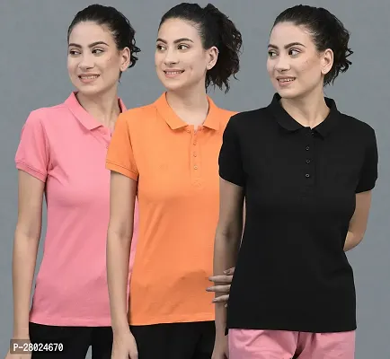 Elegant Cotton Solid Polo Neck T-Shirts For Women- Pack Of 3-thumb0