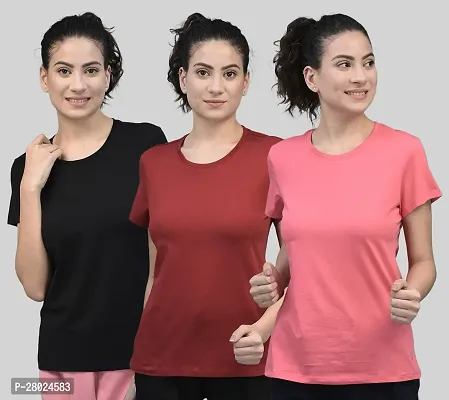 Elegant Cotton Blend Solid Round Neck T-Shirts For Women- Pack Of 3