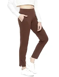 Reliable Brown Cotton Solid Straight Fit Cigarette Trousers For Women-thumb2